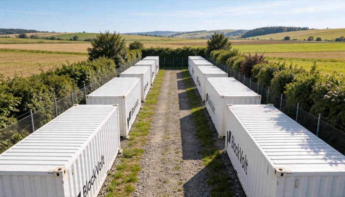 Batteriegroßspeicher mit weißen Containern in zwei Reihen, eingezäunt und mit Hecken in ländlicher Landschaft unter blauem Himmel