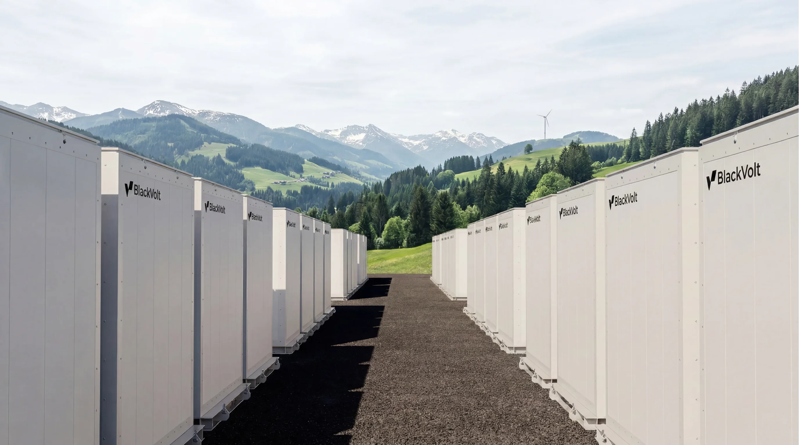 Großbatteriespeicher-Anlage in österreichischer Landschaft – Blackvolt Utility-Scale BESS