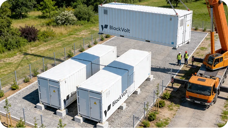 Batteriespeicher in der Bauphase: orangefarbener Mobilkran setzt einen weißen Blackvolt-Batteriecontainer auf die Kiesfläche; zwei Arbeiter in Warnwesten und Helmen beobachten die Montage — Baustelle Oberndorf bei Salzburg (18 MW / 36 MWh)